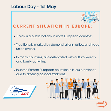 Aktuelle Situation in Europa:      Der 1. Mai ist in den meisten europäischen Ländern ein gesetzlicher Feiertag.     Traditionell Demonstrationen, Kundgebungen und gewerkschaftliche Veranstaltungen.     In vielen Ländern auch kulturelle Feste und familienfreundliche Events.     In einigen osteuropäischen Ländern weniger stark ausgeprägt, teilweise durch unterschiedliche politische Traditionen.
