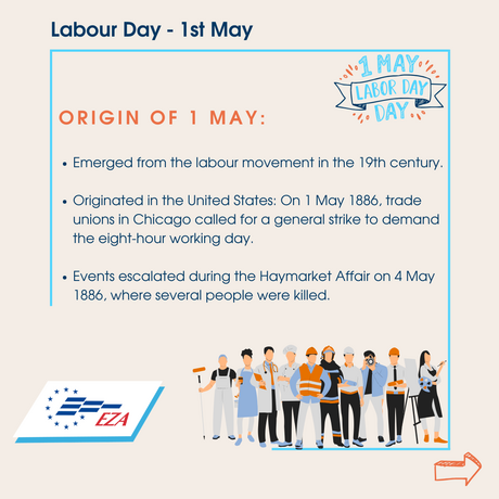 Ursprung des 1. Mai:      Entstanden im Zuge der Arbeiterbewegung im 19. Jahrhundert.     Ursprung in den USA: Am 1. Mai 1886 riefen Gewerkschaften in Chicago zu einem Generalstreik für den Acht-Stunden-Tag auf.     Eskalation bei den Haymarket-Unruhen am 4. Mai 1886, bei denen mehrere Menschen starben.